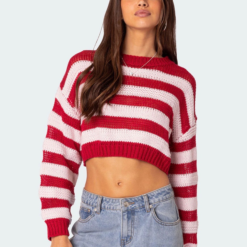 Edikted Striped Red and Pink Cropped Sweater